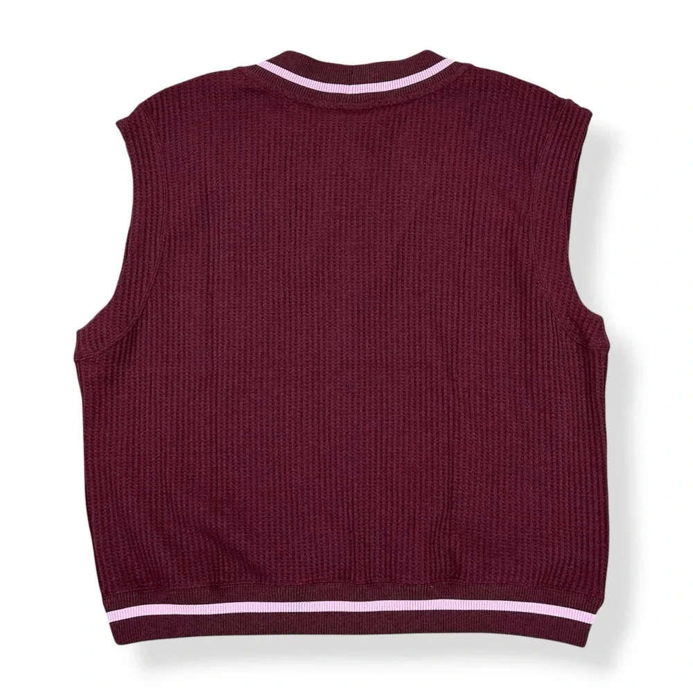 Nike Vest Women Large Burgundy‎ Sleeveless Waffle Knit Sweater M7482 Logo Preppy